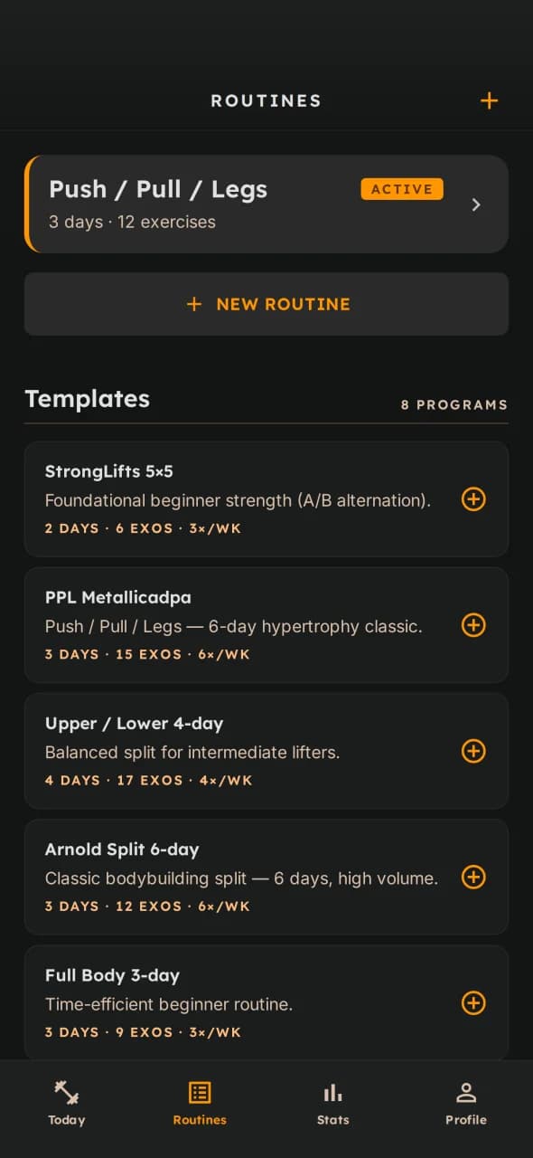 Arnie Routines library with mesocycle planner and template cards
