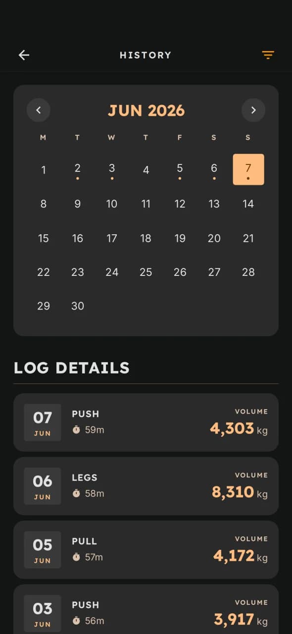 Arnie history calendar with last 30 days of training