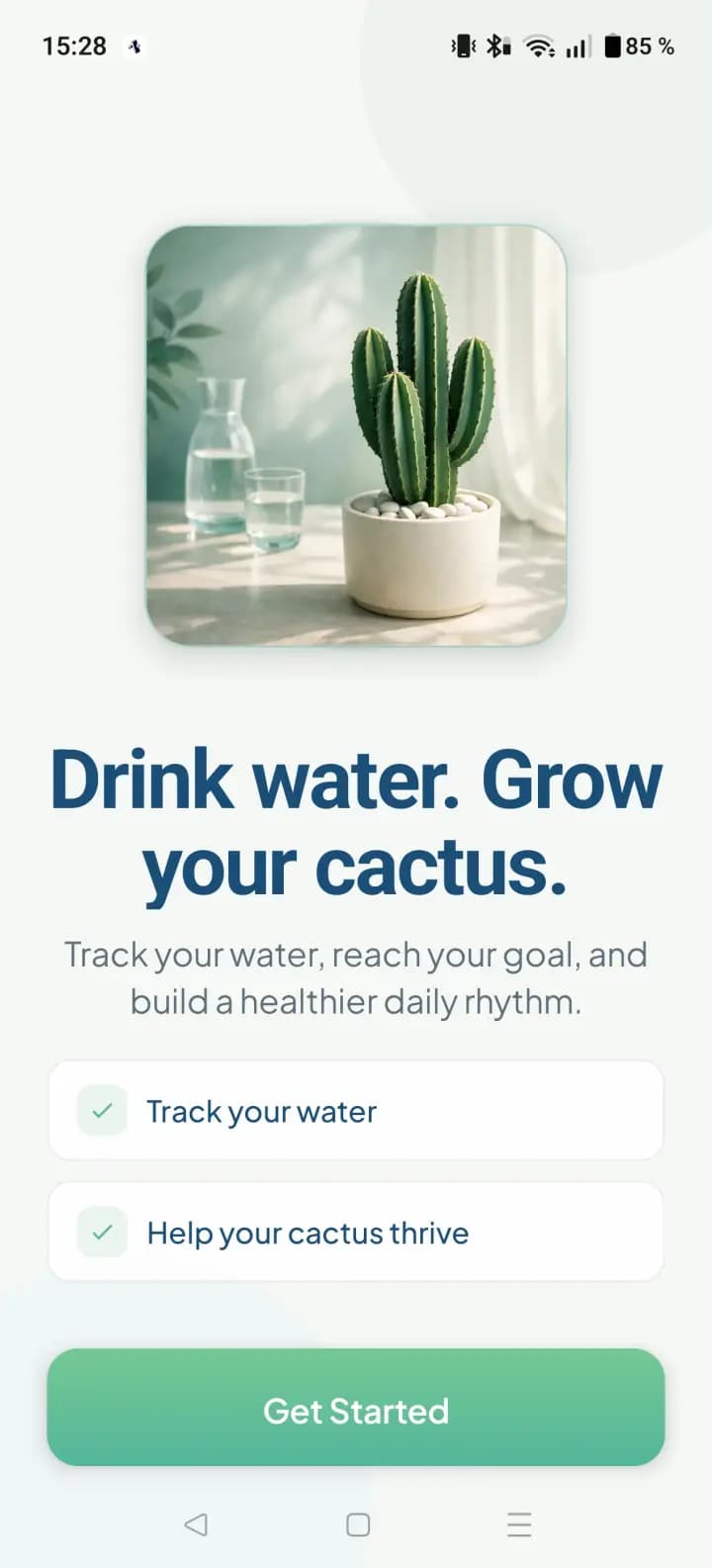Cactus water reminder app — onboarding screen with cactus mascot and personalized daily hydration goal setup