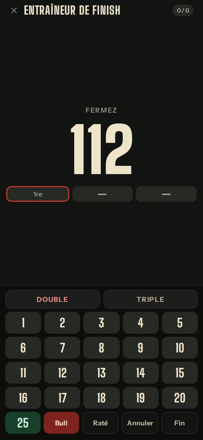 Checkout trainer: a score to finish in three darts, with the keypad.