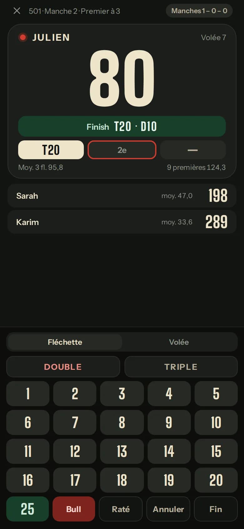 X01 scoring screen: 80 left, suggested finish T20 D10, and the dart-by-dart keypad.