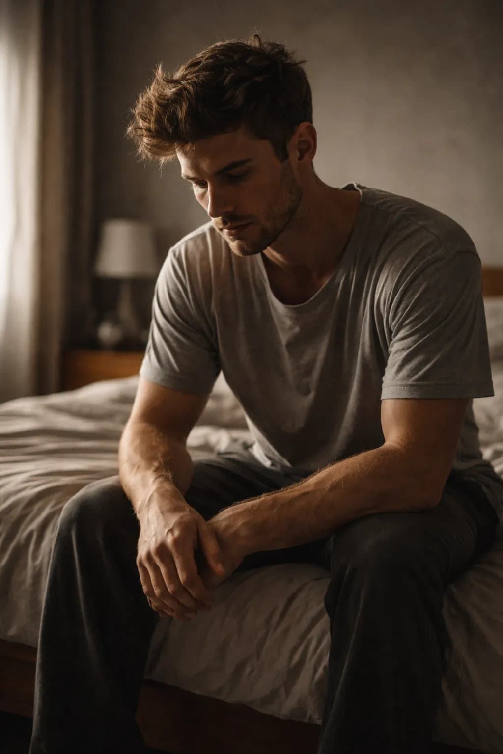 Gladiator program — frustrated man sitting on bed, illustrating common bodyweight training plateau