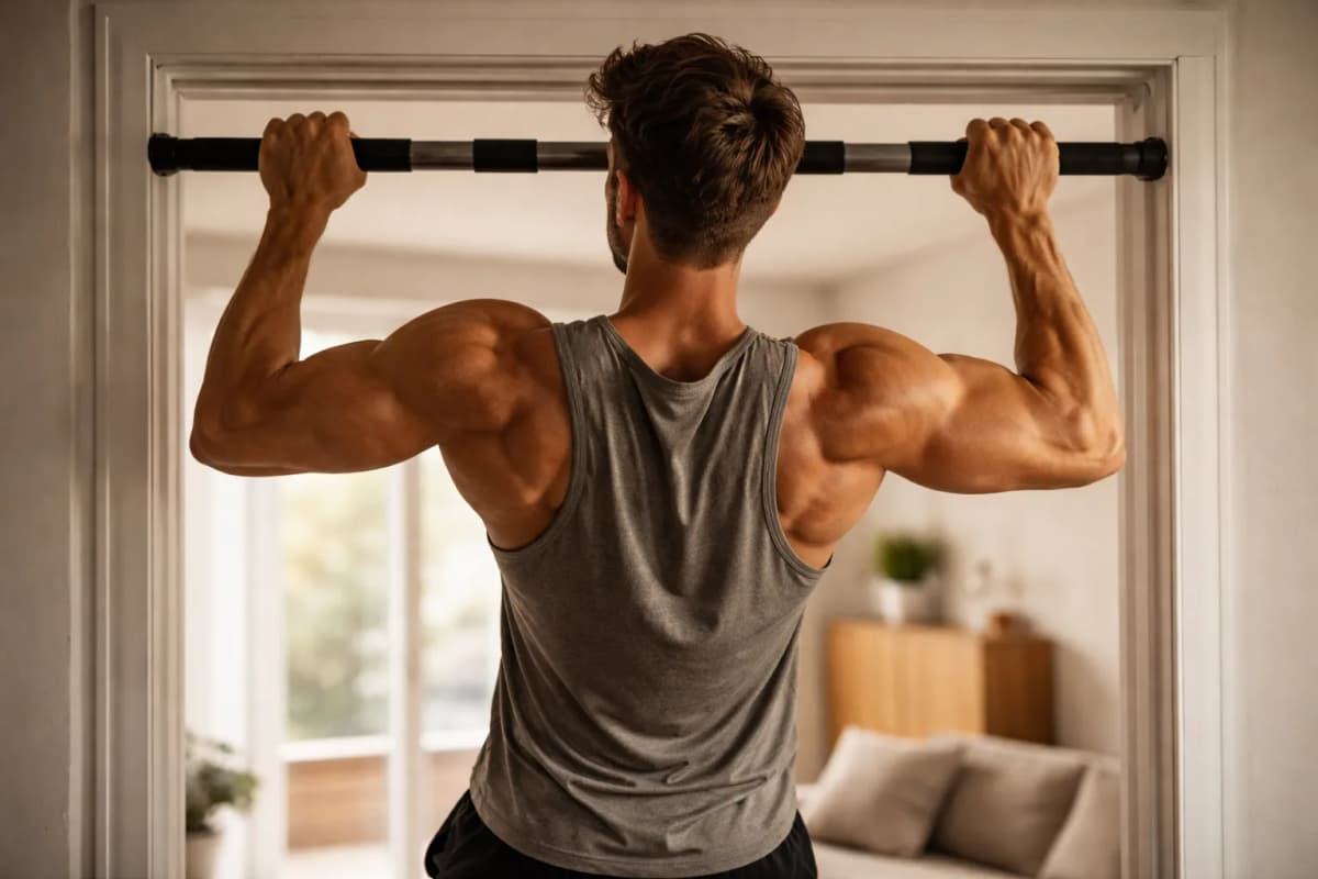 Gladiator program — man performing pull-ups on a doorframe pull-up bar at home, demonstrating bodyweight training without gym