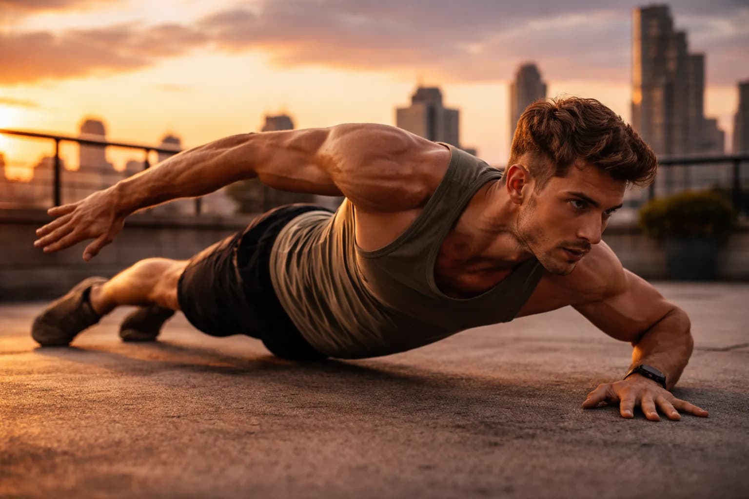 Gladiator bodyweight program by TrainRBoost — athlete performing an archer push-up at sunset, illustrating training transformation