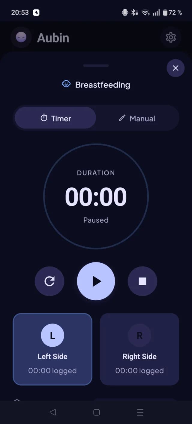 Doudou baby tracker app — breastfeeding timer with left and right side selection