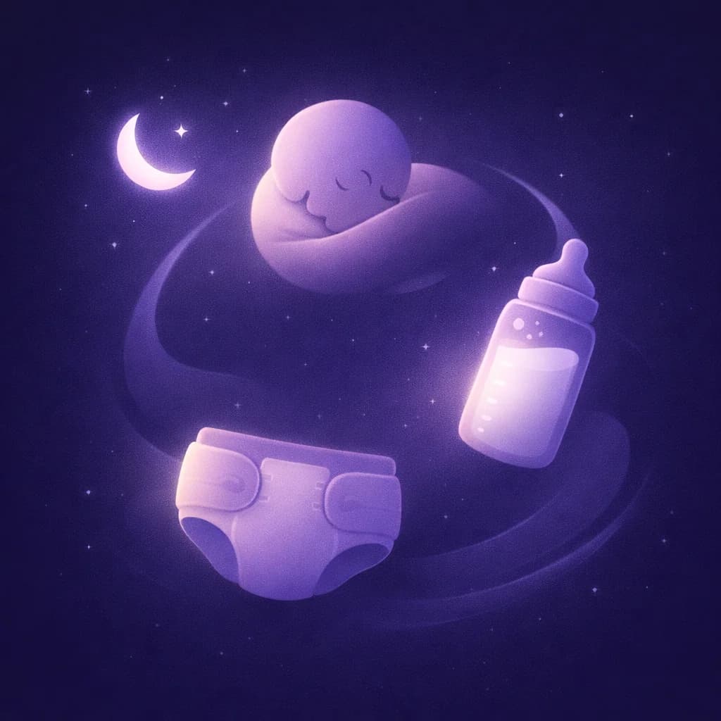 Doudou baby tracker app — illustration of sleeping baby surrounded by moon, bottle, and diaper icons