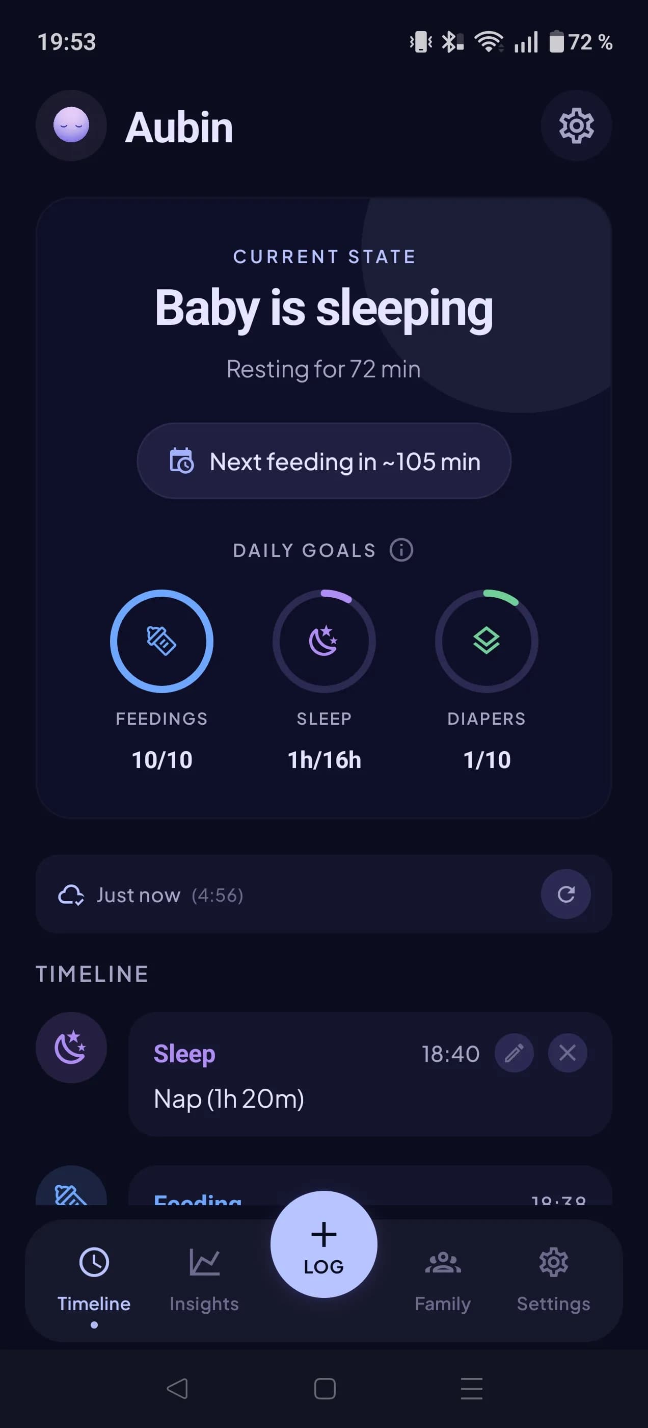 Live timeline of feedings, diapers, sleep, and pumping events in Doudou