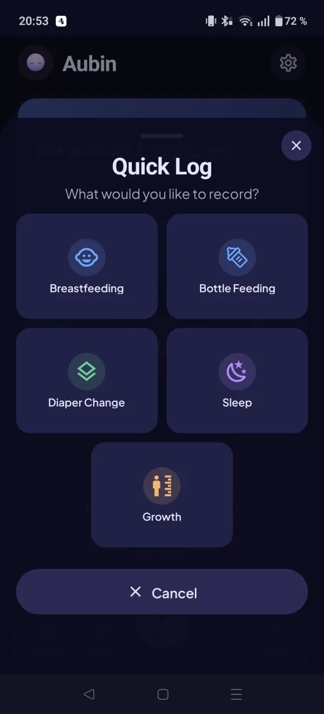 Quick-log screen for breastfeeding, bottle, diaper changes, and pumping in Doudou