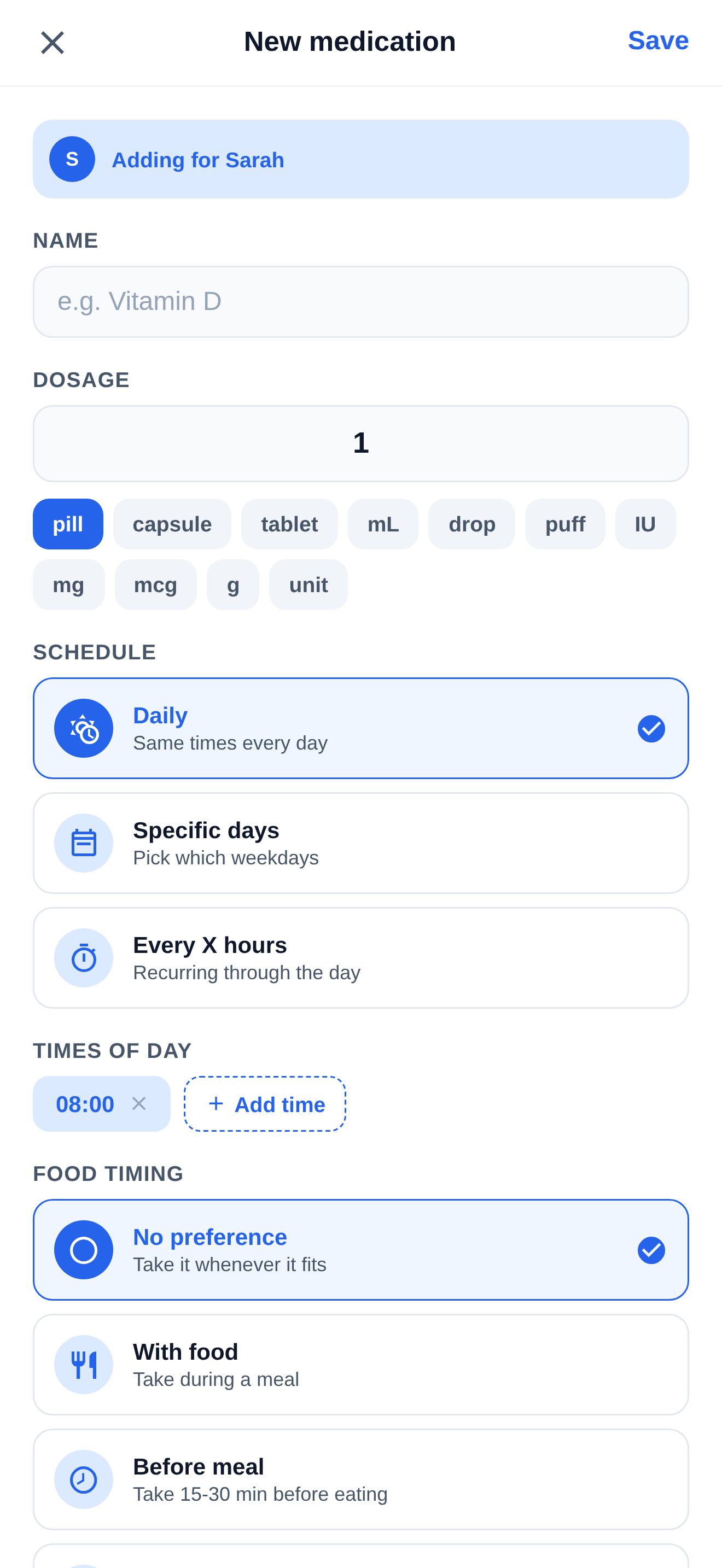 Add medication form showing daily / specific days / every X hours options and food timing.