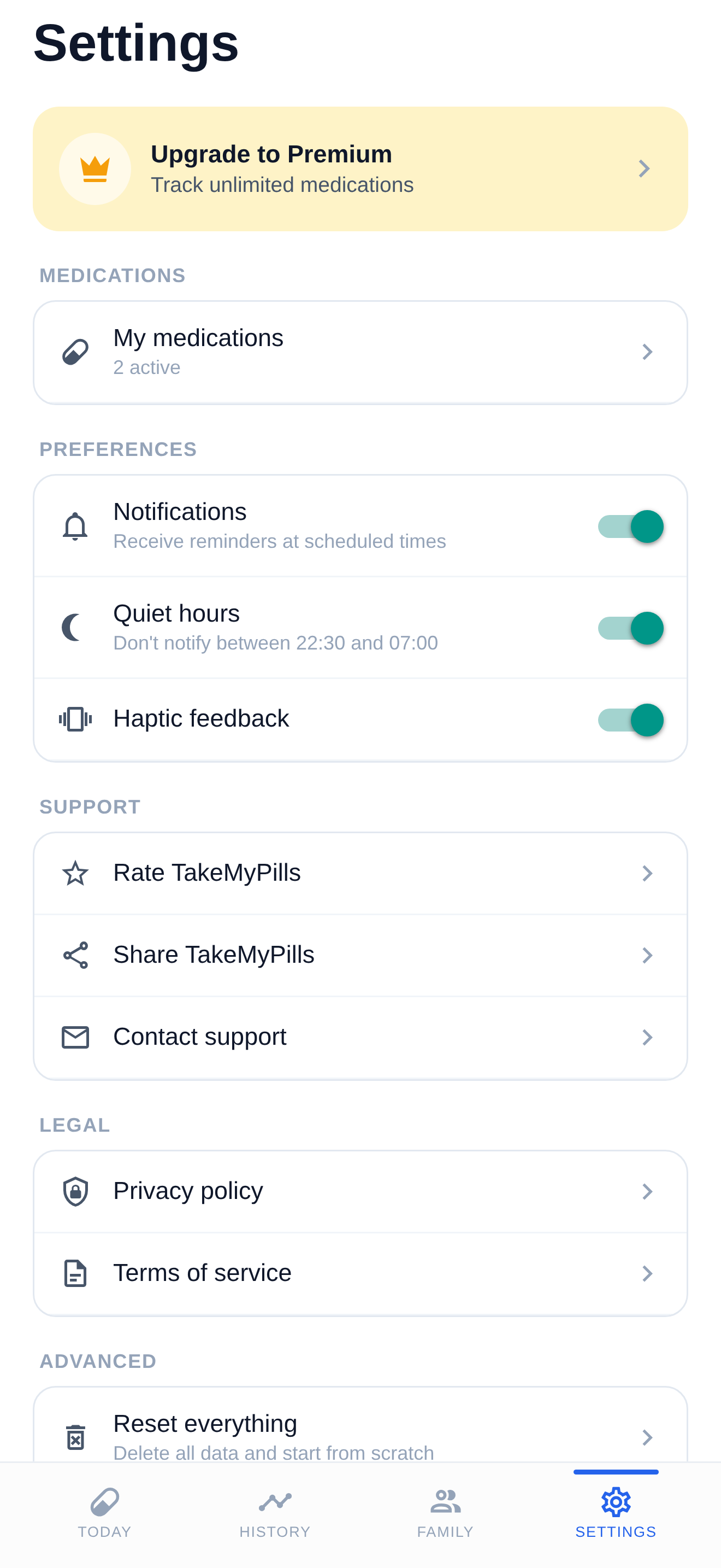 Settings screen showing notifications, quiet hours, haptics, upgrade card, and legal links.