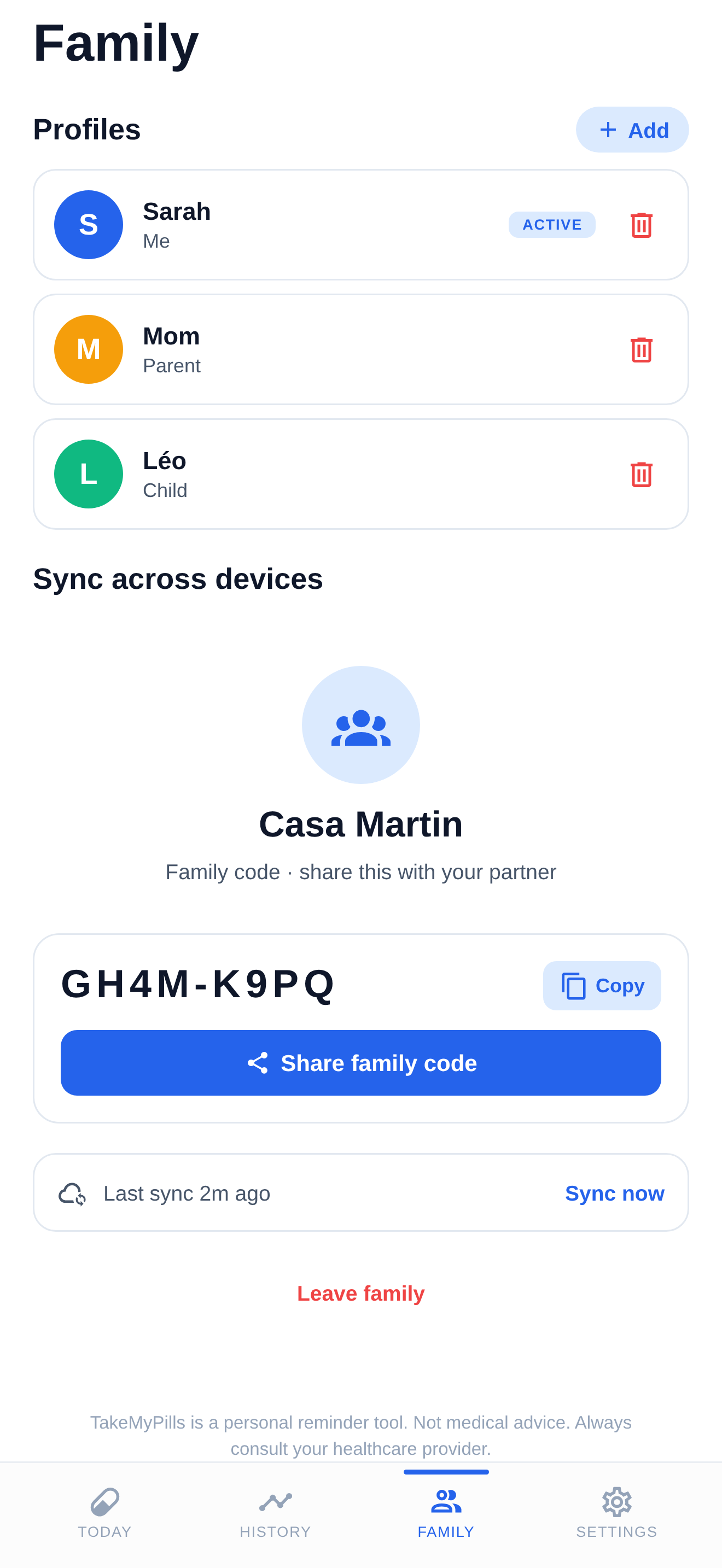 Family screen showing three profiles and an 8-character family code to share.